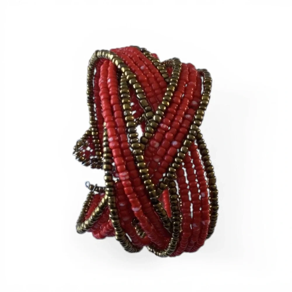 Handmade Twisted Flexible Seed Bead Braided Open Cuff Bracelet – Red & Gold